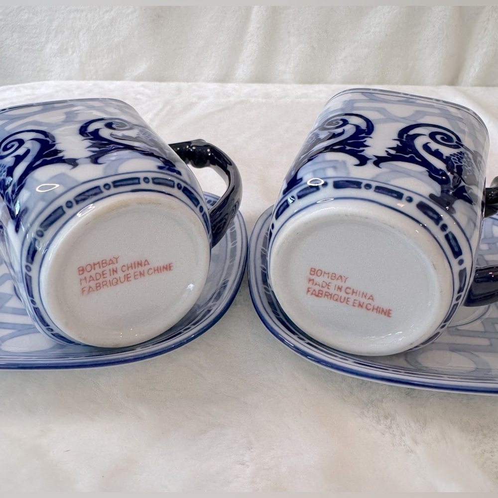 Chinoiserie BOMBAY Windsor Set of 2 Mugs & Saucers, Navy Blue & White - Picture 8 of 12